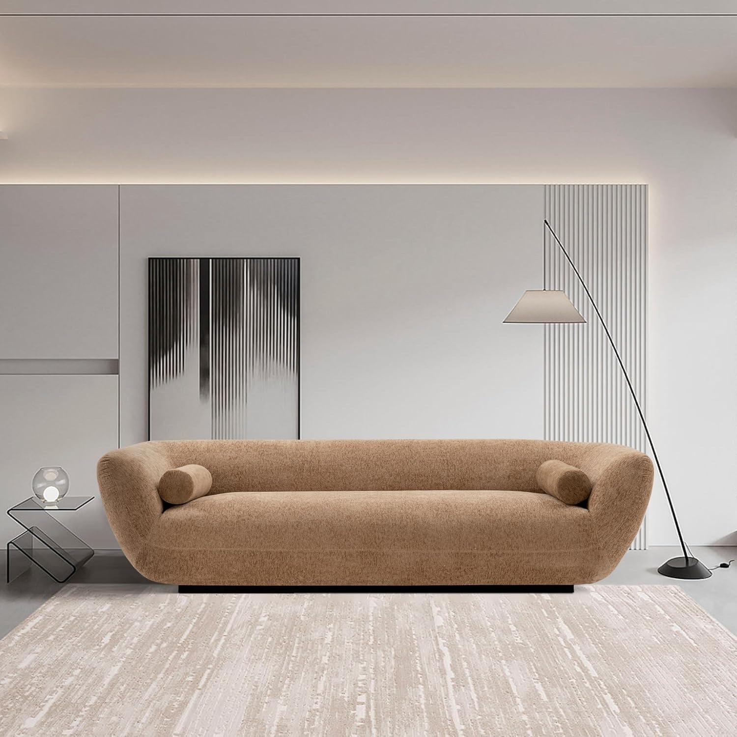 Ulka Light Brown Velvet Sofa with Round Arms and Pine Wood Frame