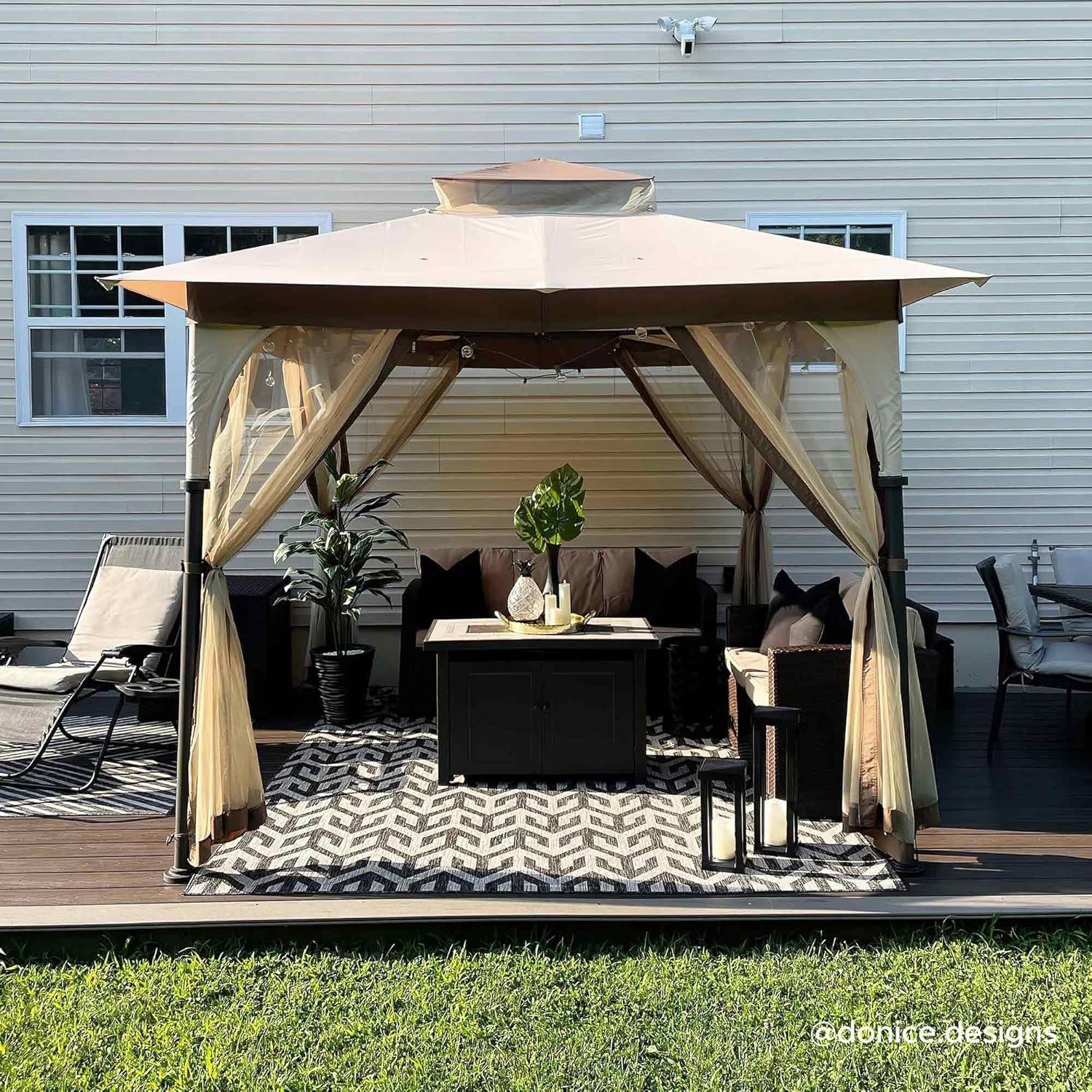 Tan and Brown Steel Frame Gazebo with Mosquito Netting