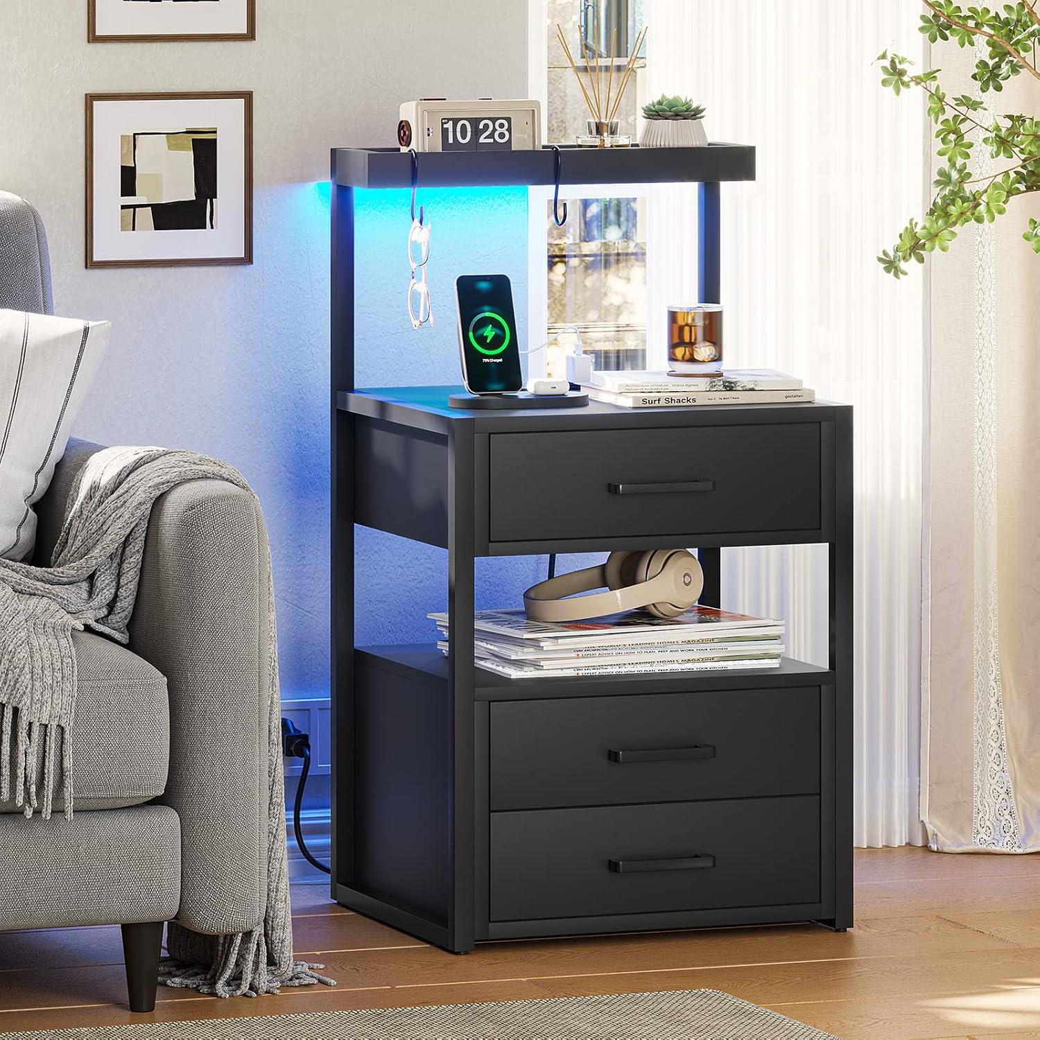 LED Nightstand with 2 Drawers & LED Lights & Charging Station, Modern Bedside Table End Side Tables for Bedroom Living Room, Black