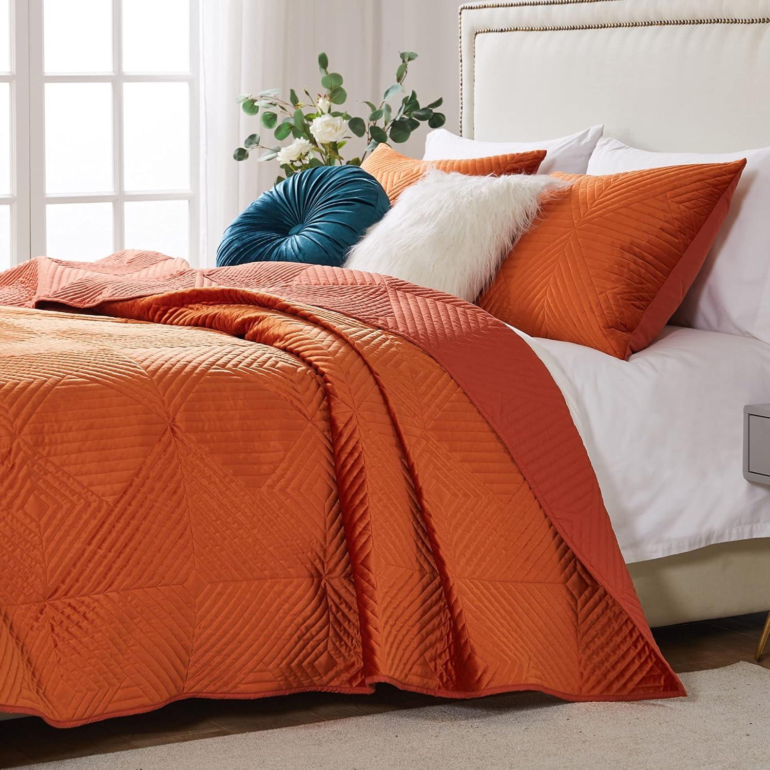 Greenland Home Fashions 3pc King Riviera Velvet Quilt & Sham Set Spice Orange: Microfiber, Zipper Closure, Year-Round