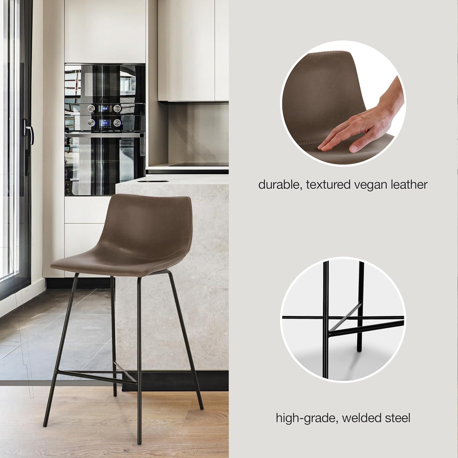 Brown Leather Saddle Style Counter Stools with Steel Legs, Set of 3
