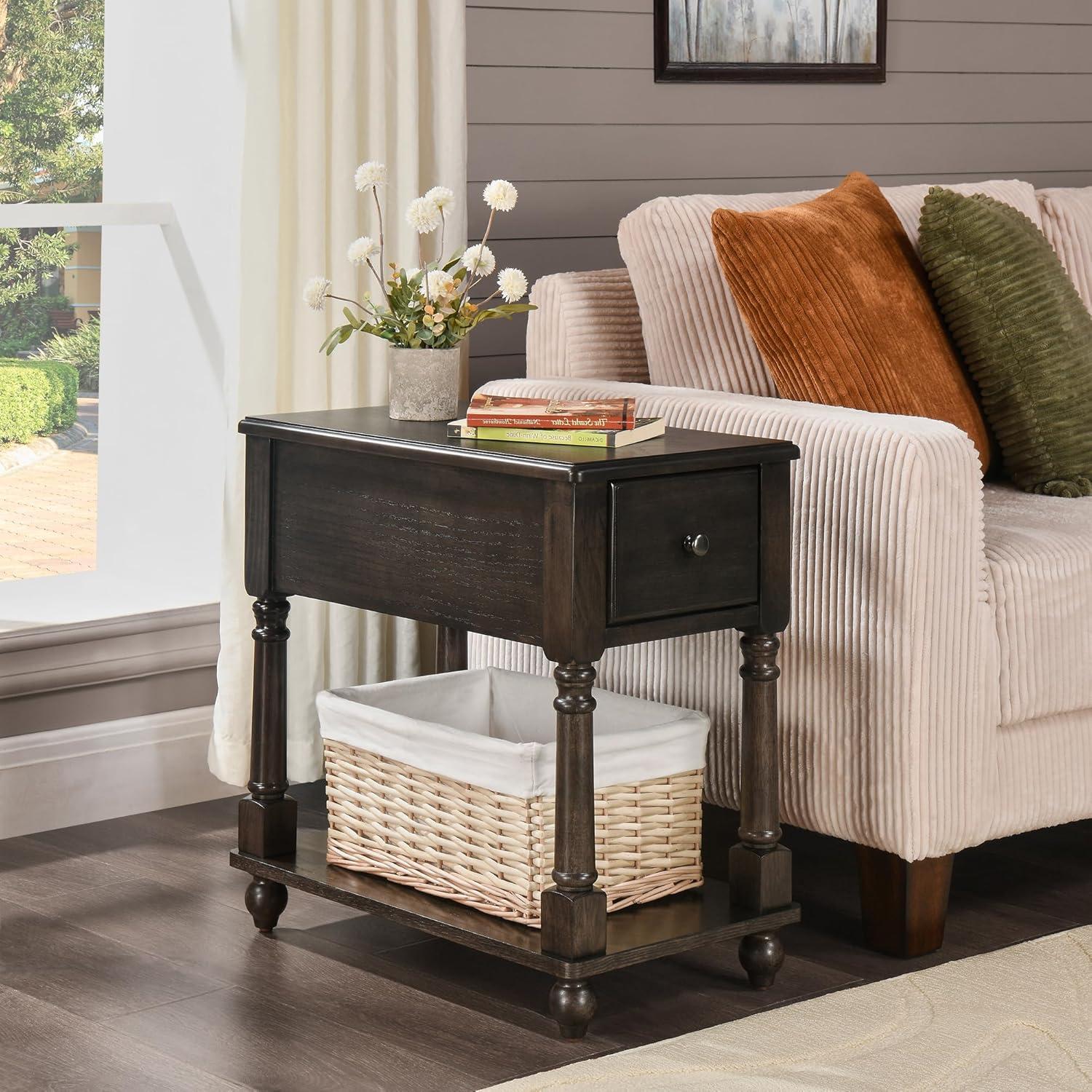 JESONVID Solid Wood Rectangular End Table with Storage, Antique Black