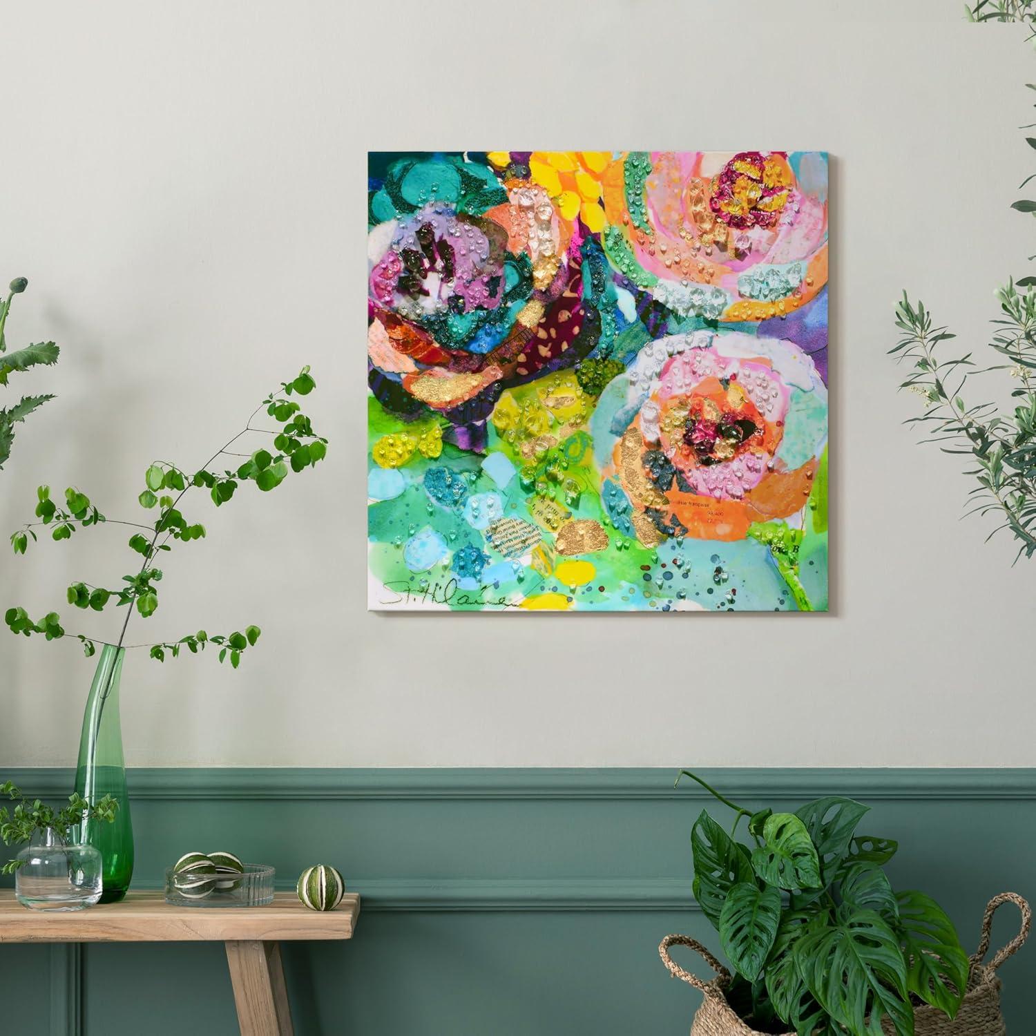 "Floral Radiance I" Crystallus Epoxy Coated Wrapped Glossy Canvas Wall Art with Heavy Acrylic Crystal Shards Embellishments,