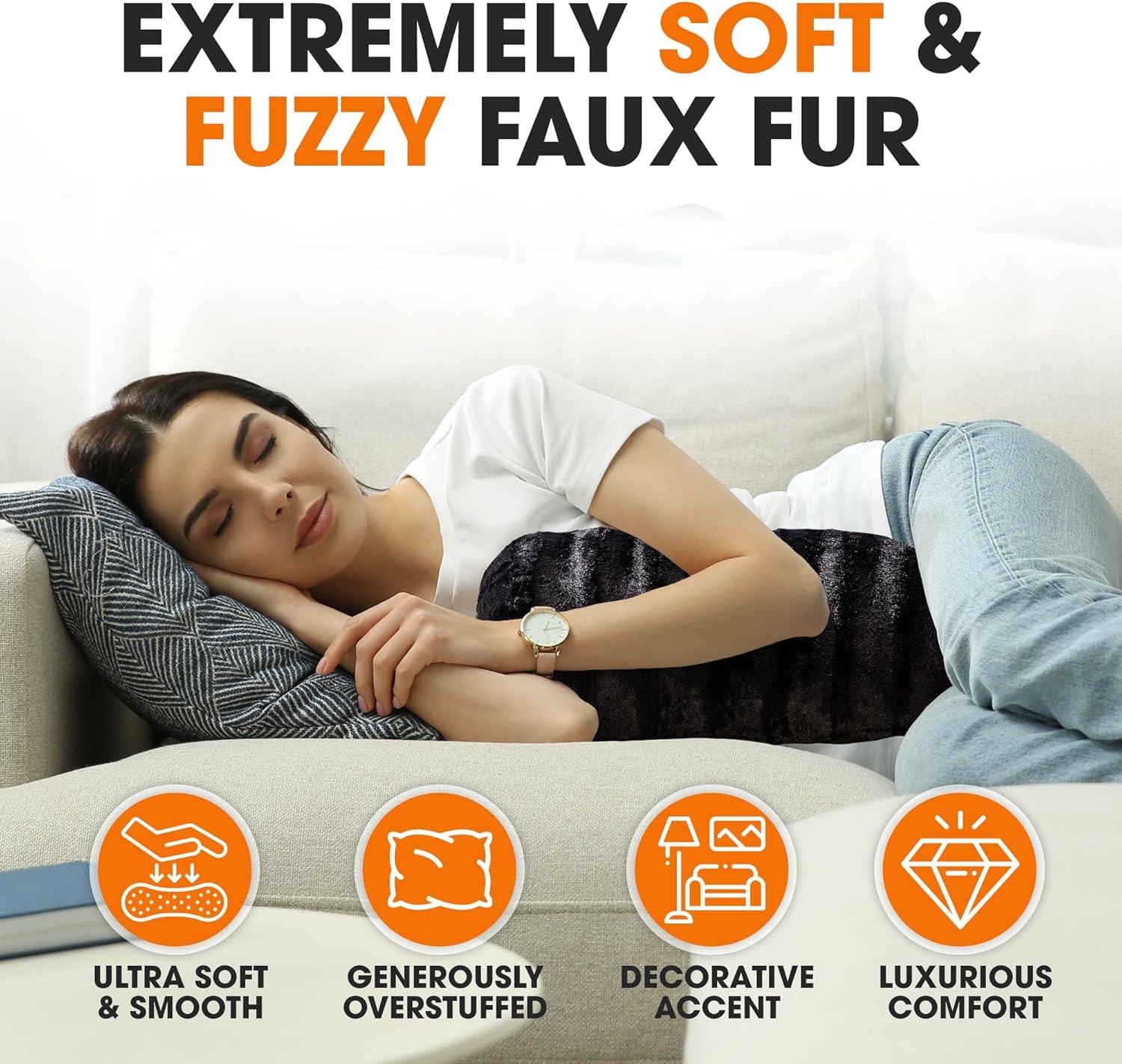 Cheer Collection Decorative Faux Fur Bolster Pillows Set of 2 - Gray (8" x 24")