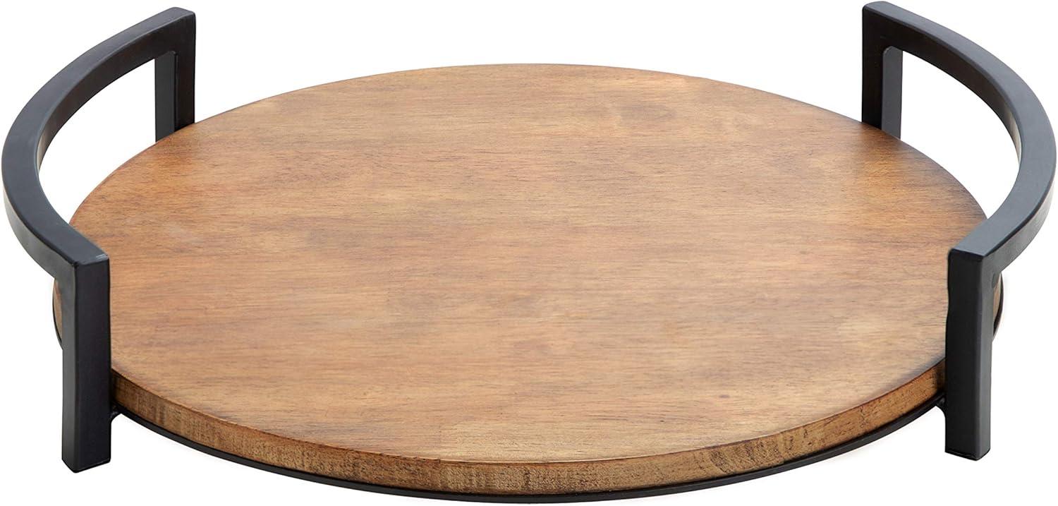 Rustic Brown Rubberwood Round Tray with Metal Handles