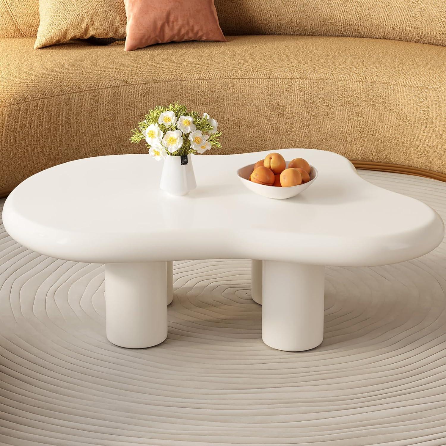 Guyii 41.02" Cream White Cloud Coffee Table, Irregular Coffee Table with 3 Legs for Living Room, Office