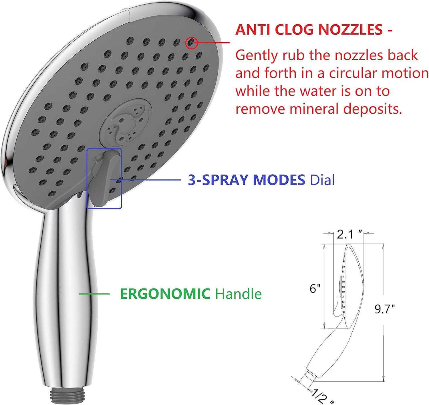 Ana Bath Anti Clog High Pressure 6-Inch Multi Function Dual Shower Head with 8-Ft Shower Hose