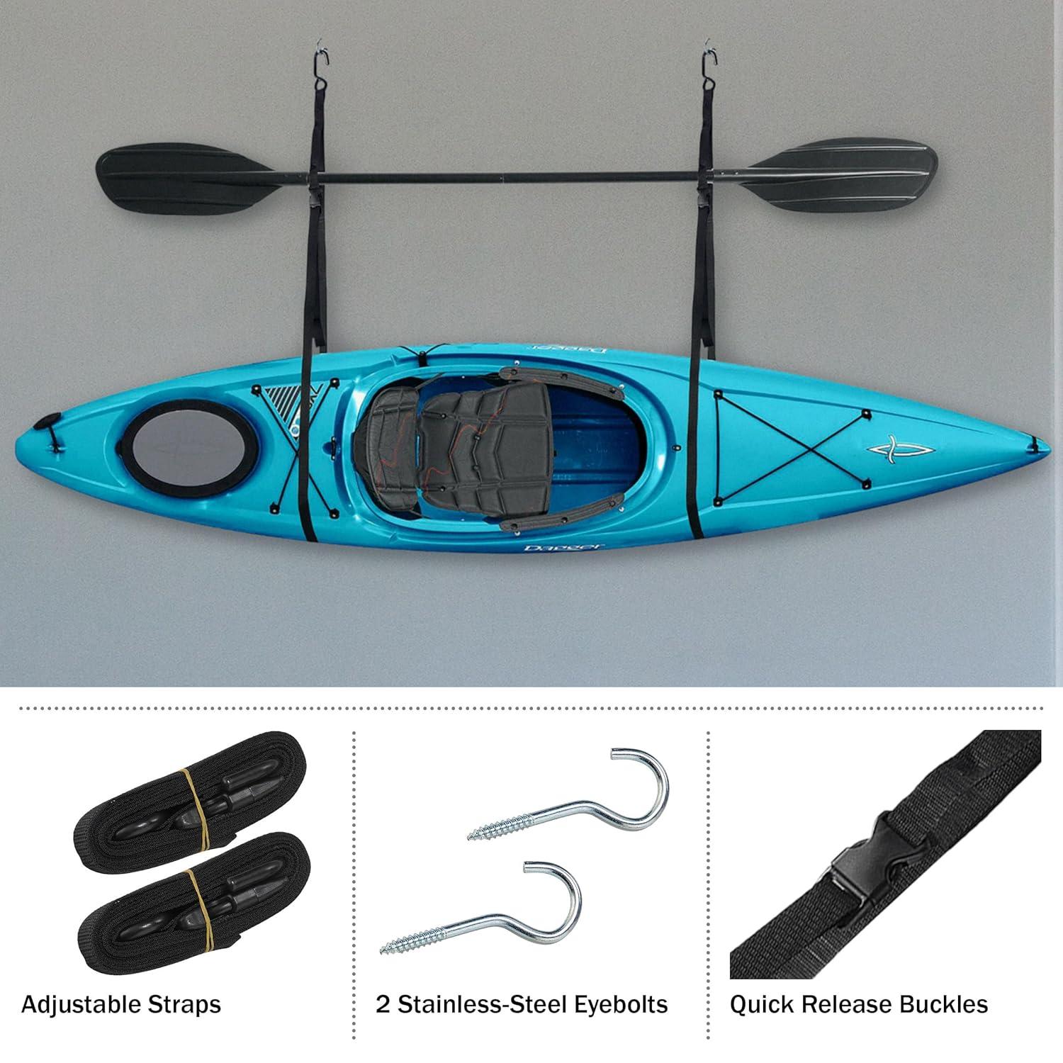 Single Kayak Rack ? Hanging Storage from Wall or Ceiling for Surfboards Paddleboards SUP or Canoe ? Adjustable Kayak Straps by RAD Sportz