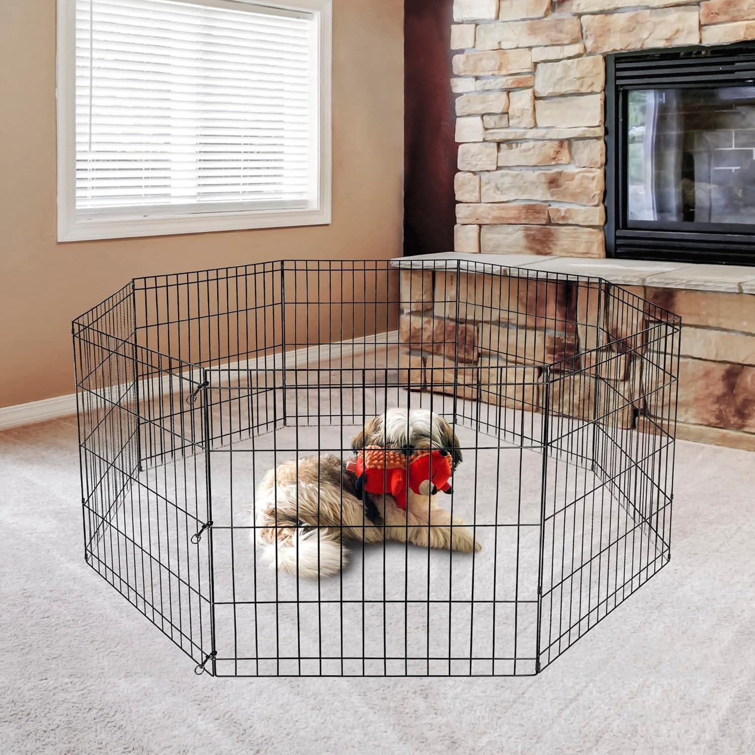 Foldable Black Metal 24-Inch Pet Playpen for Small Animals