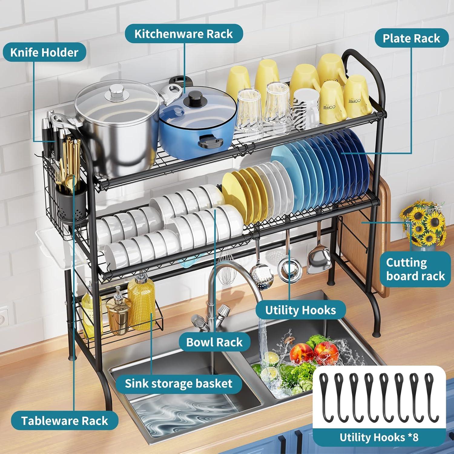 Over The Sink Dish Drying Rack, 2-Tier Stainless Steel Large Over The Sink Dish Rack with Utensil