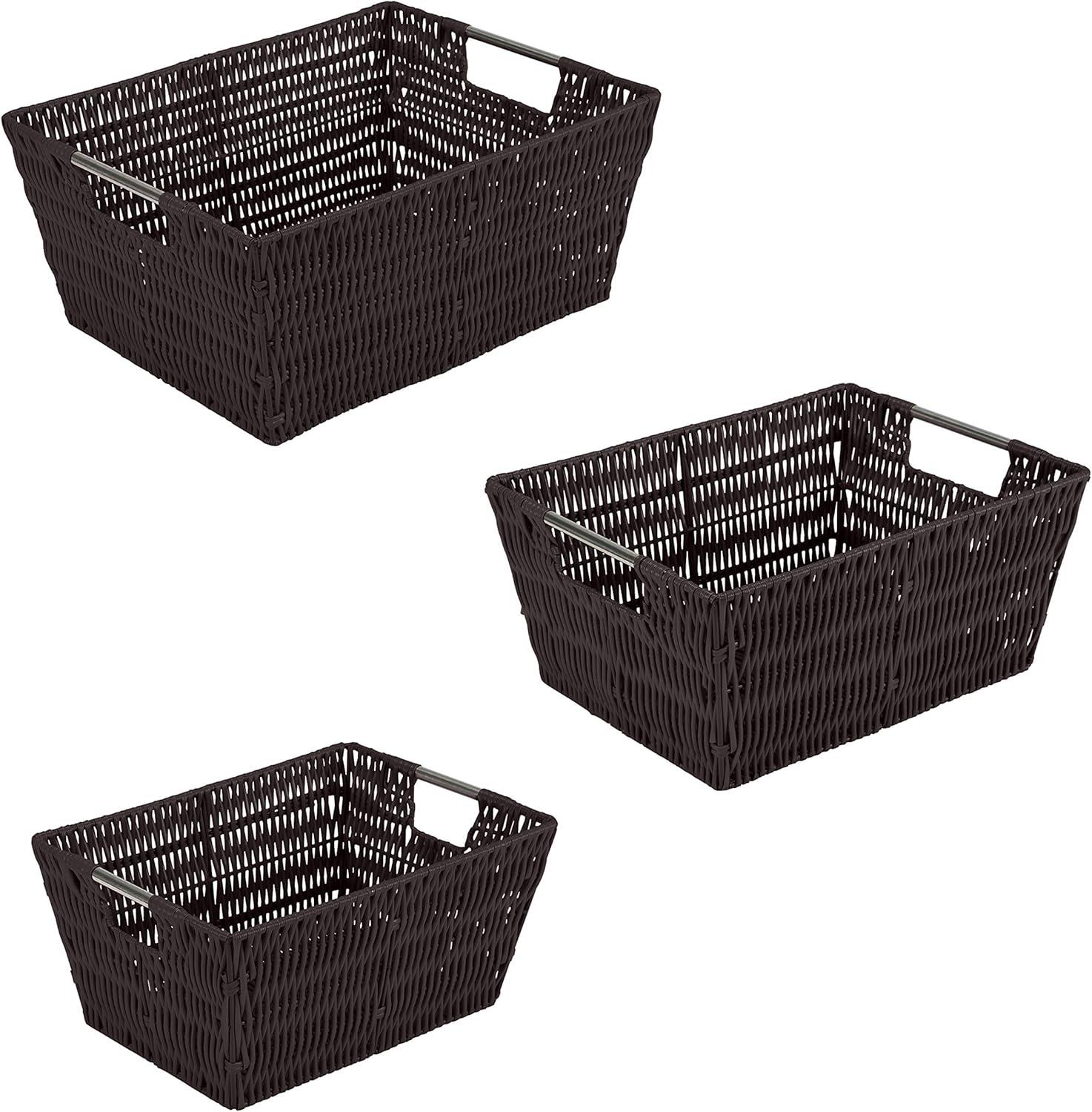 Simplify 3pc Rattan Tote Set with Sterling Silver Handles Chocolate: Decorative Storage Bins, 1456 Volume, No Assembly