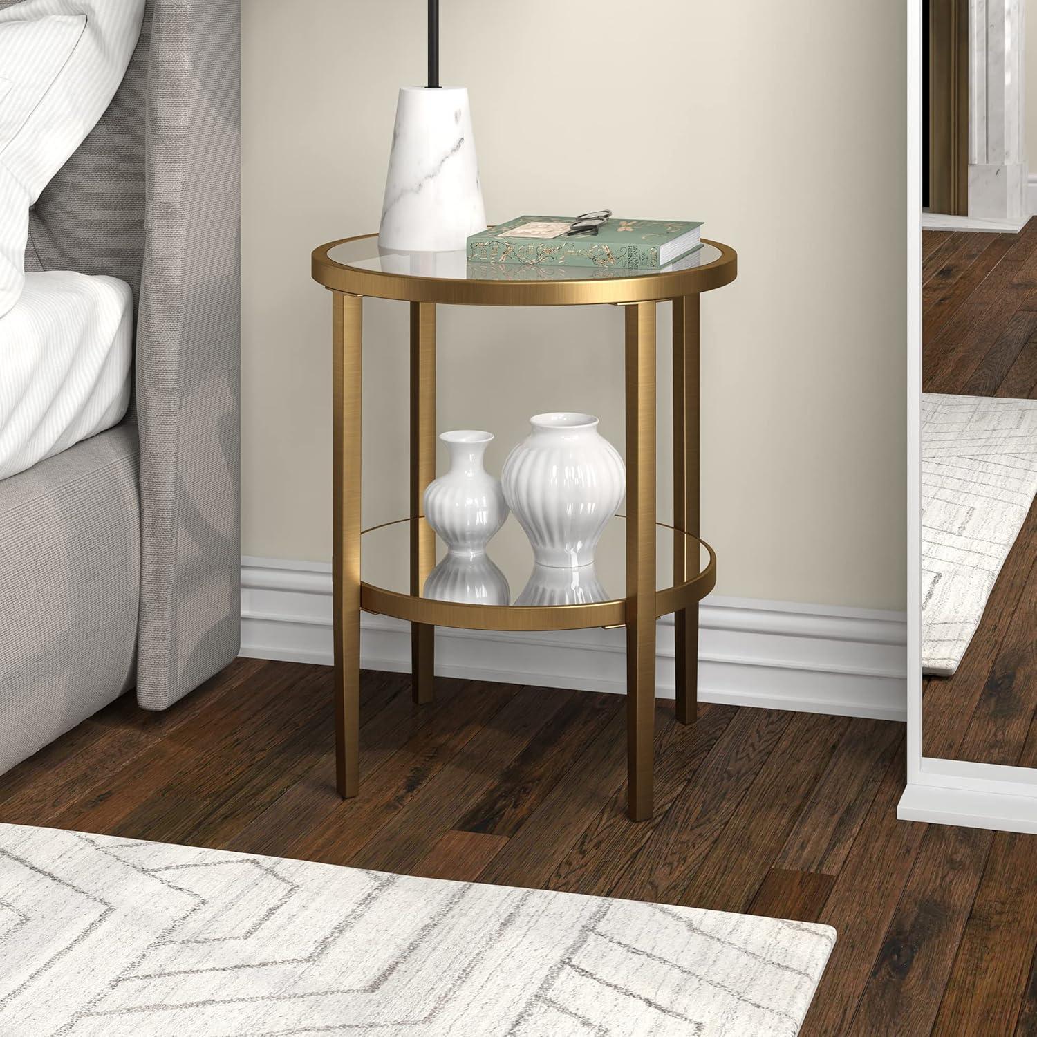 Evelyn&Zoe 20" Antique Brass Finish Metal/Glass Side Table