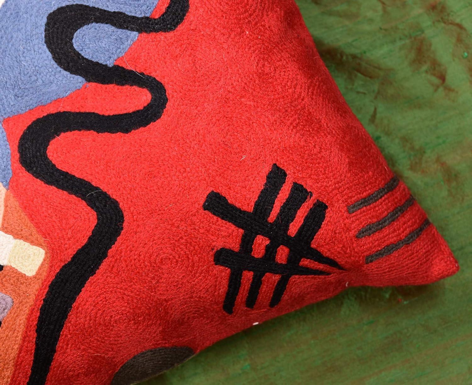 Hand Embroidered Red Abstract Wool Cotton Throw Pillow