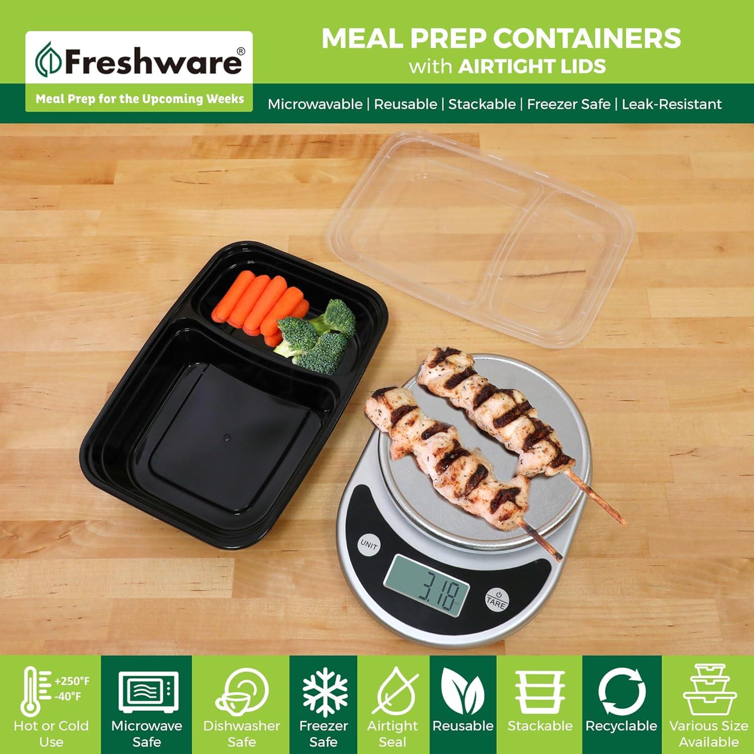 Freshware Meal Prep Containers [50 Pack] 2 Compartment with Lids, Food Storage Containers, Bento Box, BPA Free, Stackable, Microwave/Dishwasher/Freezer Safe (28 oz) C47