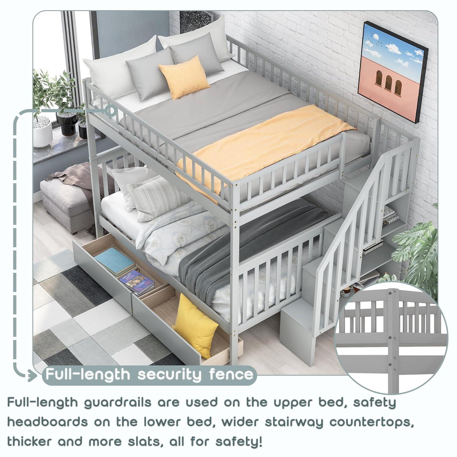 Full Over Full Bunk Beds with Drawers and Stairs Stairway Bunk Bed Frame with Storage Shelves for Kids Teens Adult, Wood Full Bunk Bed for Boys Girls Adults, Gray