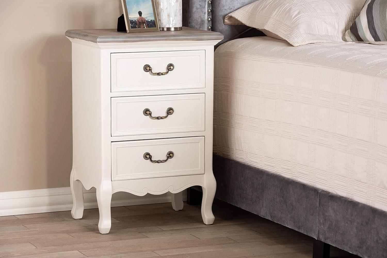 Capucine Two-Tone Natural Whitewashed Oak Finished Wood 3 Drawer Nightstand White - Baxton Studio: Modern Style, Includes Anti-Tip Hardware