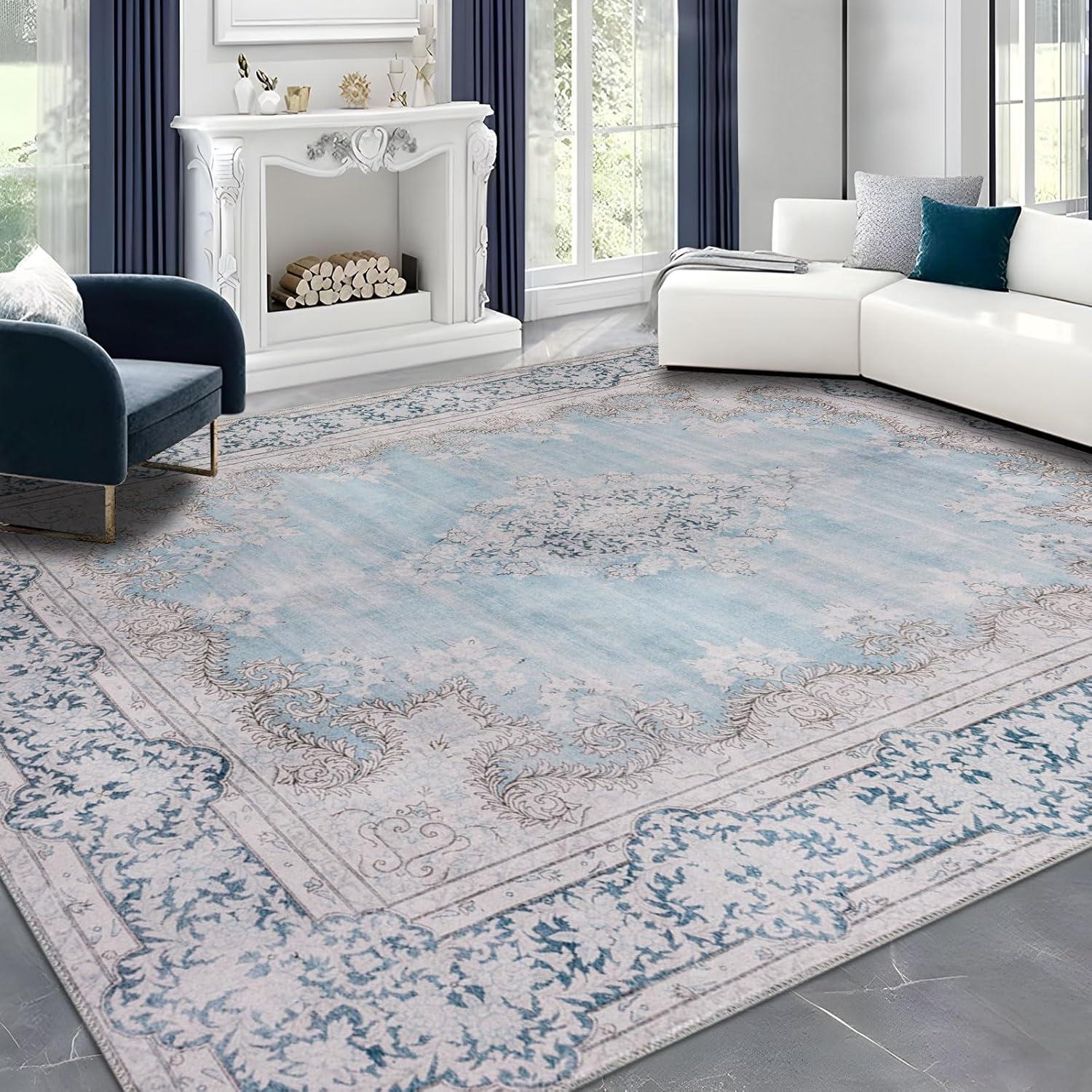DECOMALL FEAONA Blue Oriental Machine Washable and Foldable Area Rug