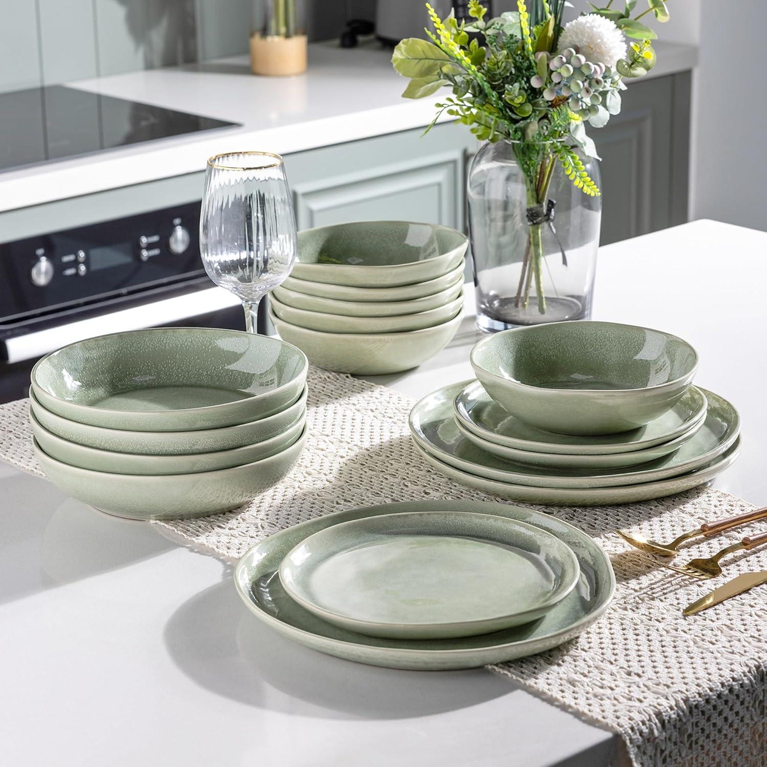 Olive Green and White Ceramic Dinnerware Set for 4