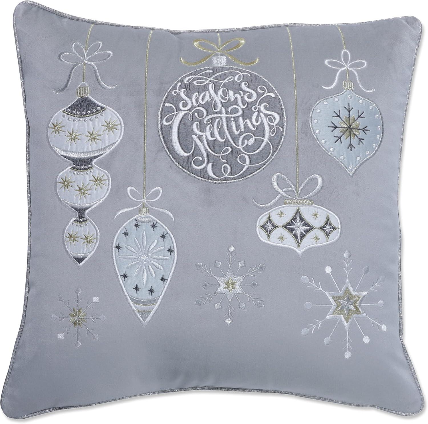 Gray Velvet Embroidered Holiday Ornaments Euro Pillow Cover