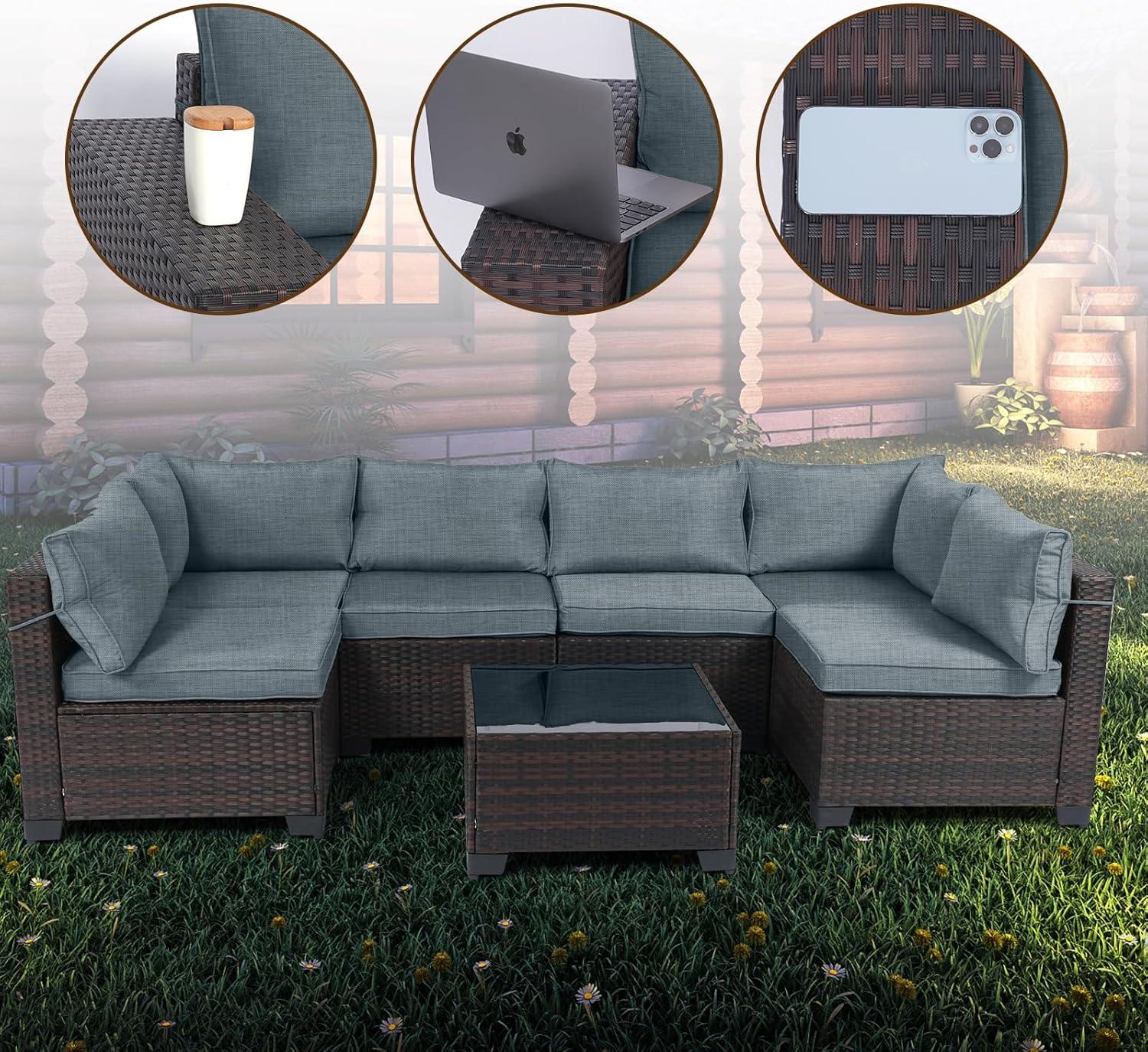 LEVELEVE 7 Pieces Outdoor Patio Furniture Sets,Rattan Conversation Sectional Set,Manual Weaving Wicker Patio Sofa with Tea Table