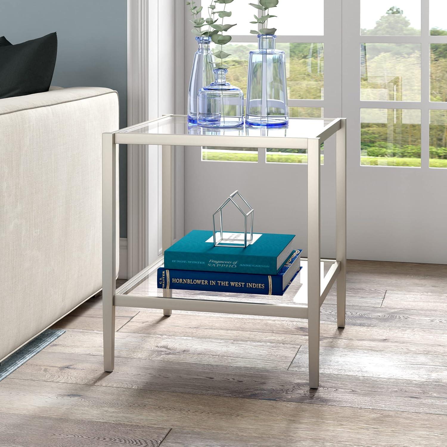 Evelyn&Zoe Hera 20" Wide Square Side Table with Glass Shelf, Satin Nickel