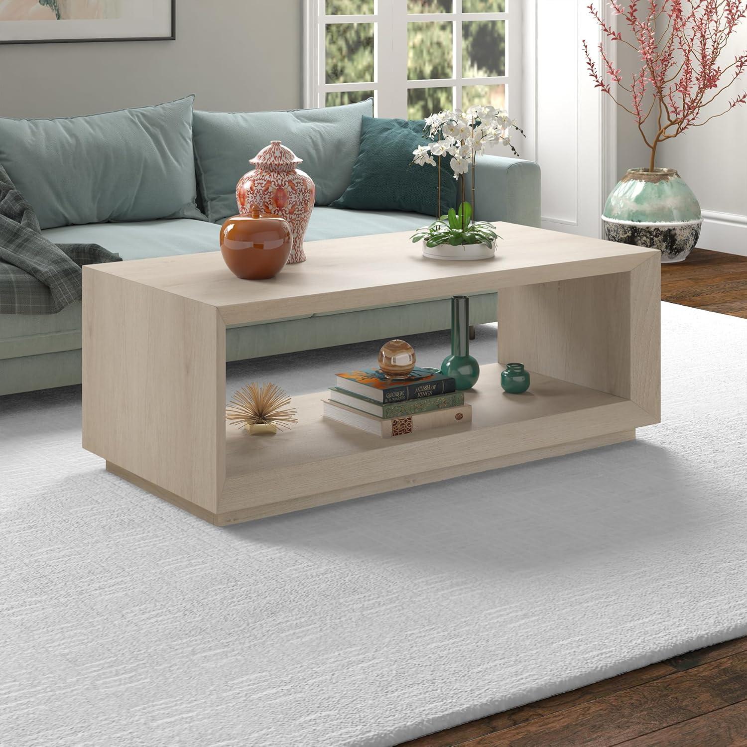 Alder White Rectangular Wood Coffee Table with Plinth Base