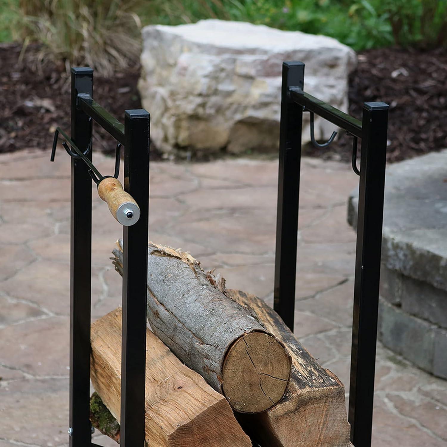 Sunnydaze Indoor/Outdoor Steel Fire Pit or Fireplace Firewood Log Rack Holder with Hooks - 32"