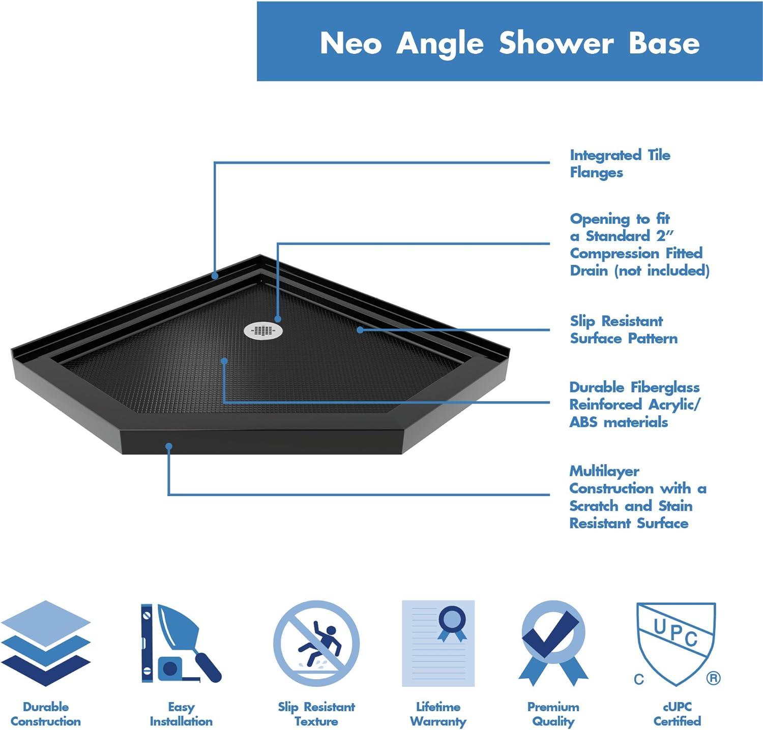 Prism 42" W x 42" D x 74.75" H Frameless Neo-Angle Reversible Shower Kit with Towel Bar and Base Included