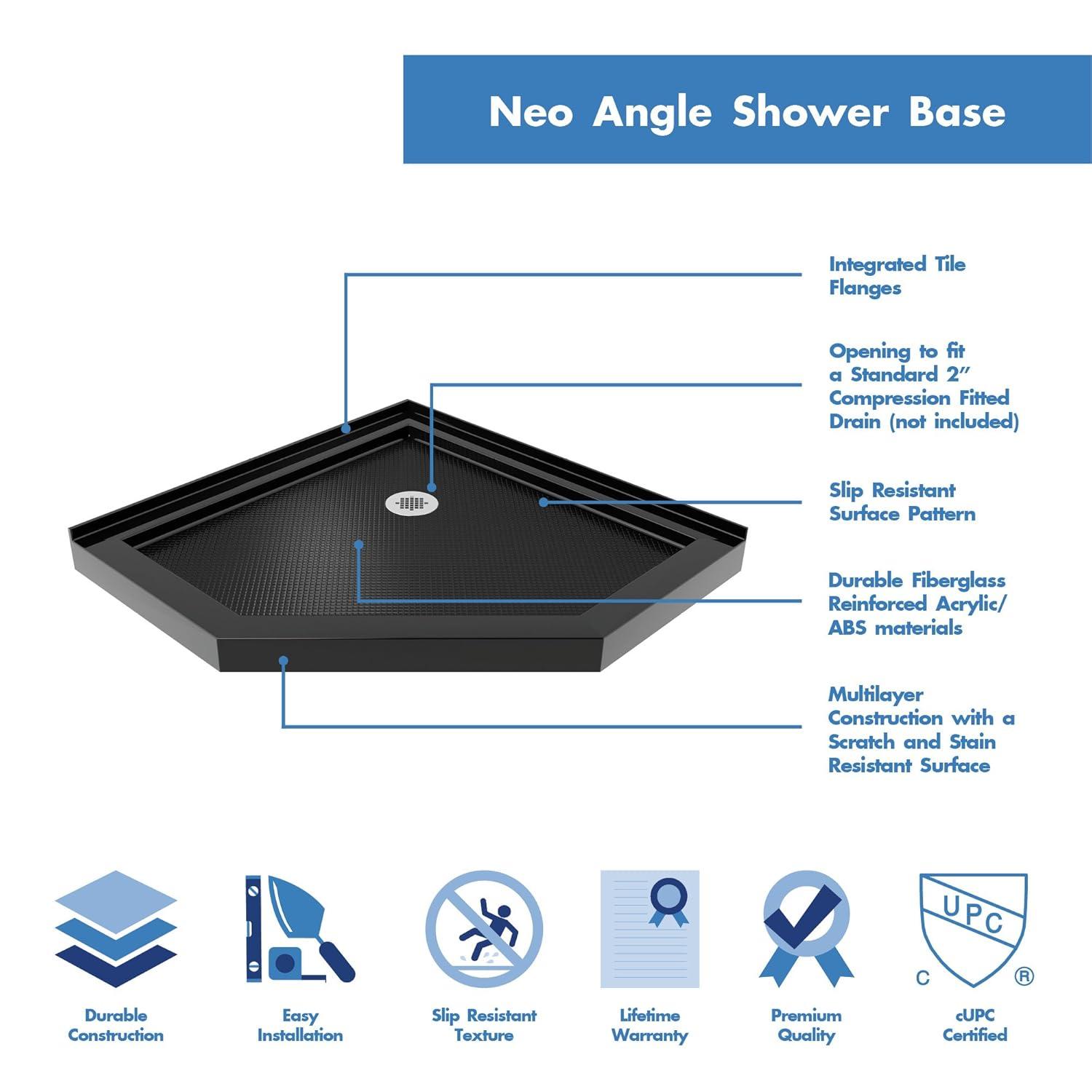 Prism 42" W x 42" D x 74.75" H Frameless Neo-Angle Reversible Shower Kit with Towel Bar and Base Included
