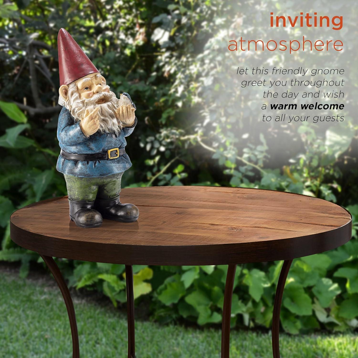 12-Inch Multicolor Garden Gnome with Bird Statue