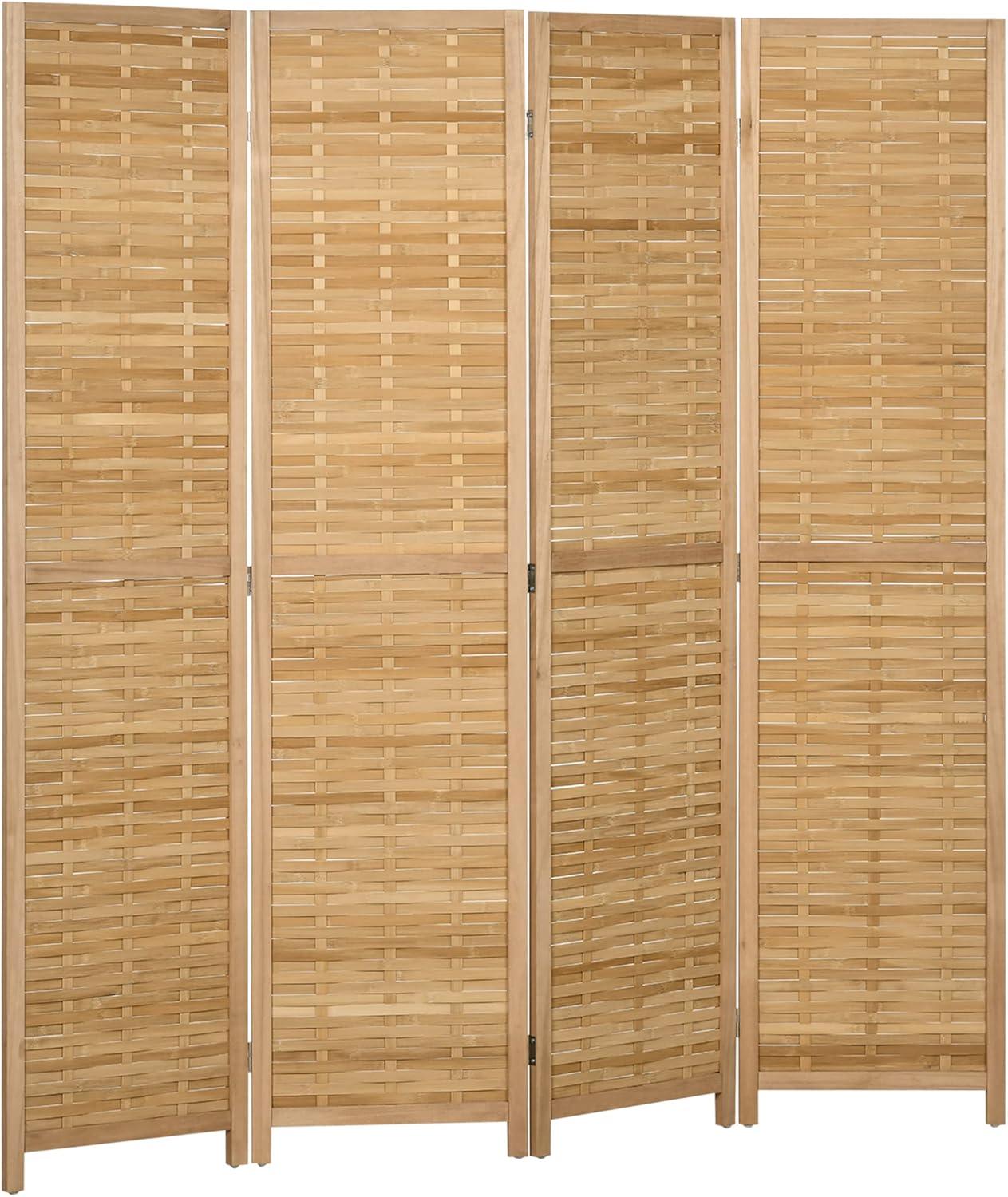 Homcom 4 Panel Room Divider, 5.5' Tall Bamboo Portable Folding Privacy Screens, Hand Woven Double Side Partition Wall Dividers For Home Office, Natural Natural Wood Bamboo