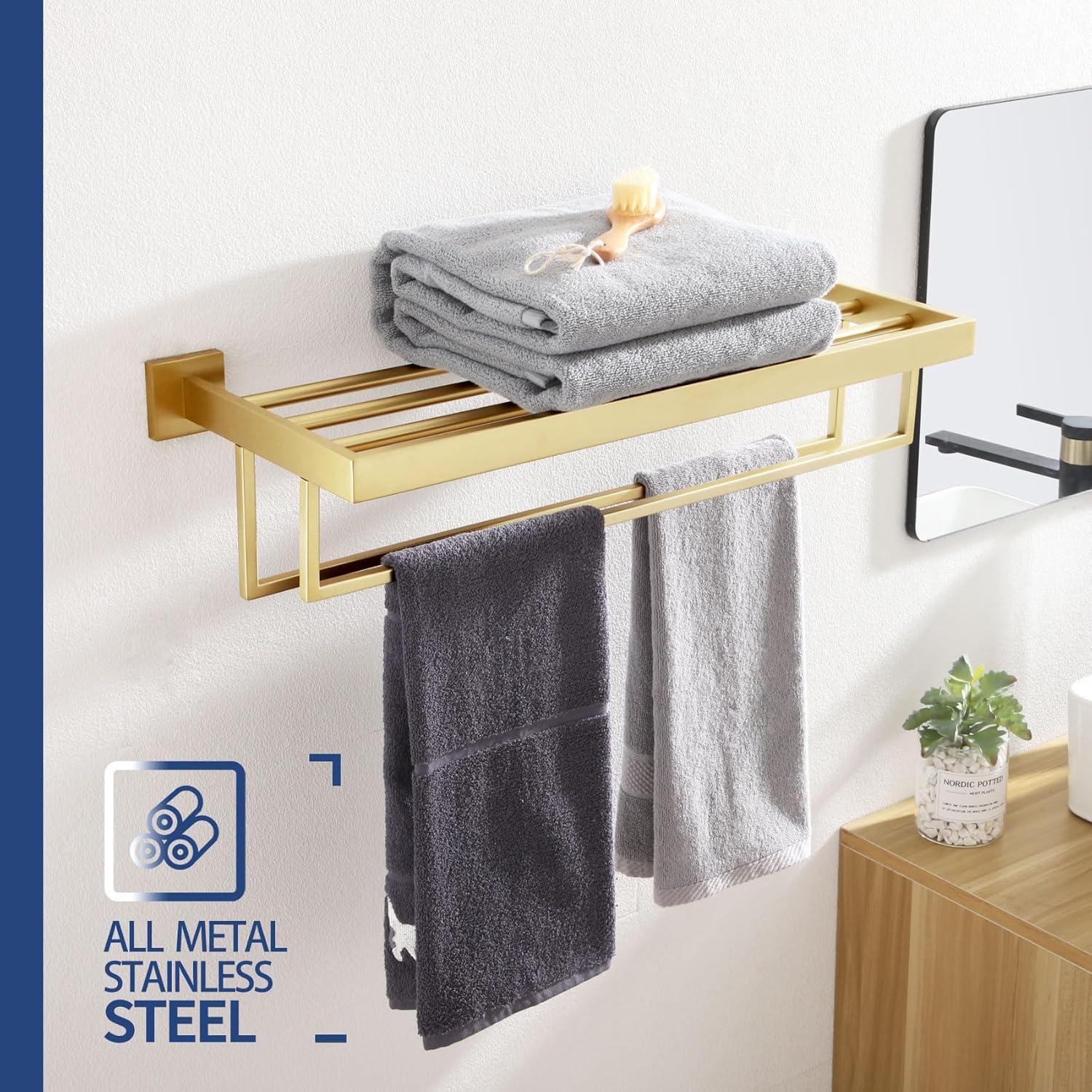 KOKOSIRI Towel Shelf Holder 24'' Bathroom Towel Rack with Two Bath Towel Bars Rails SUS304 Stainless Steel Wall Mount, Brushed Gold, B6003BG