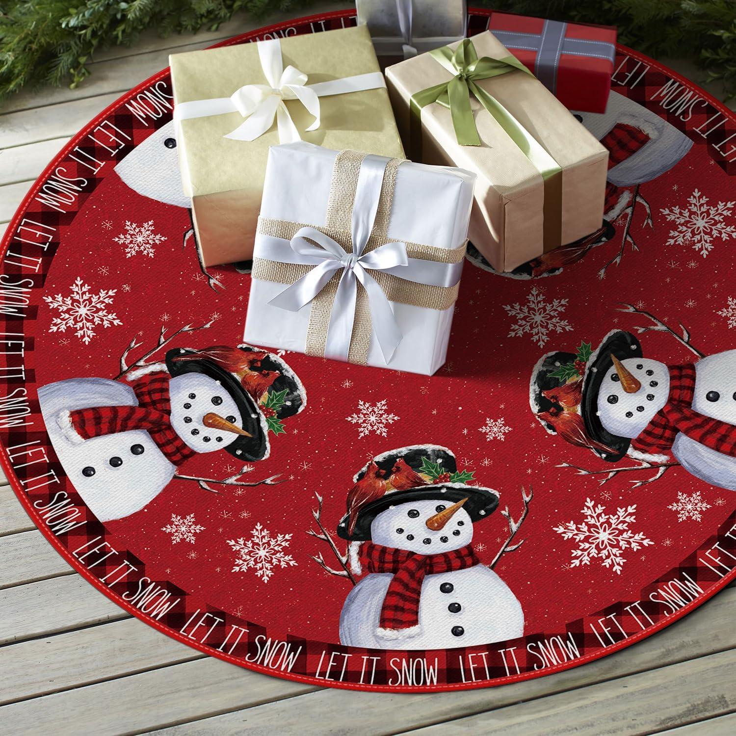 Tree Skirt Red Tree Skirt Snowman Xmas Snowflake Winter Tree Skirt 36 Inch for Red Christmas Indoor Outdoor Decorations