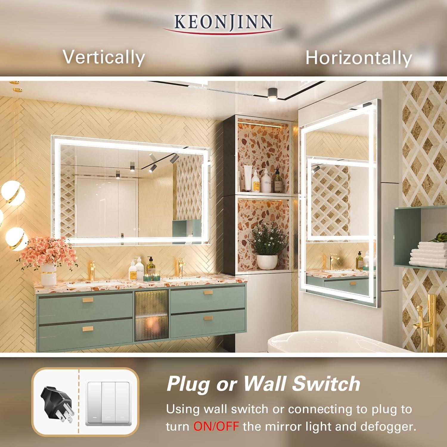 Keonjinn  LED Bathroom Vanity Mirror Wall Mounted Anti-Fog Dimmable Mirror 55X36 Silver