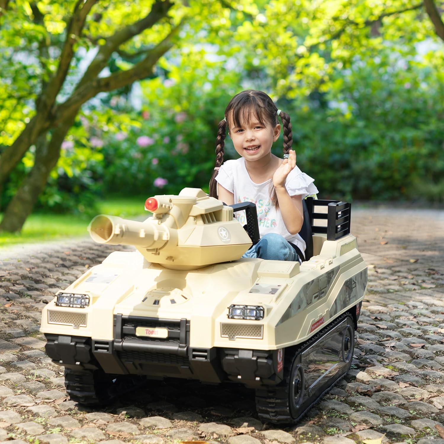 Jaxpety 24 V Kids Ride on Tank Car with Working Cannon and Rotating Turret for Boys and Girls Ages 3-8 Years, Yellow