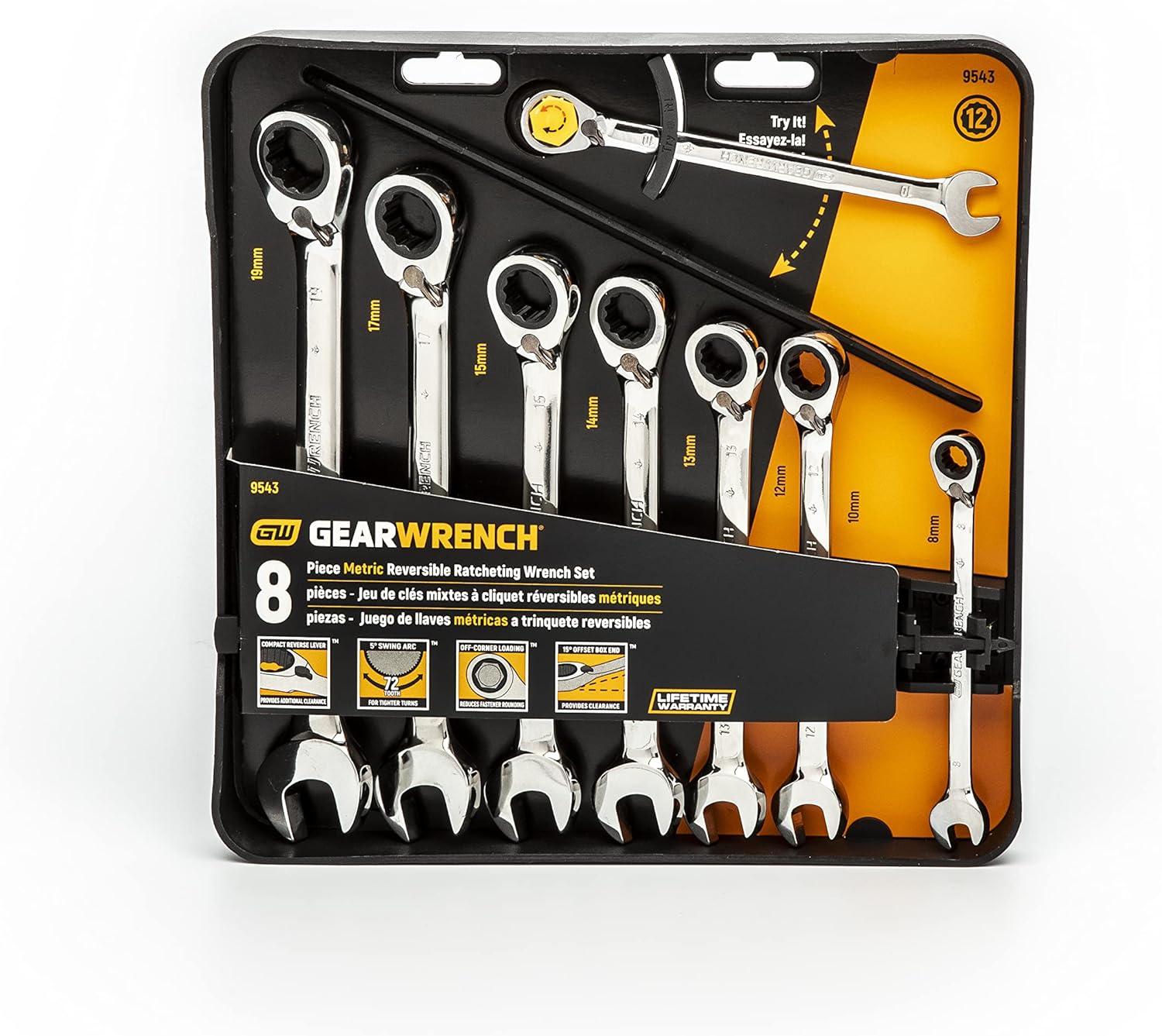 GEARWRENCH 8 Pc. 12 Pt. Reversible Ratcheting Combination Wrench Set, Metric - 9543