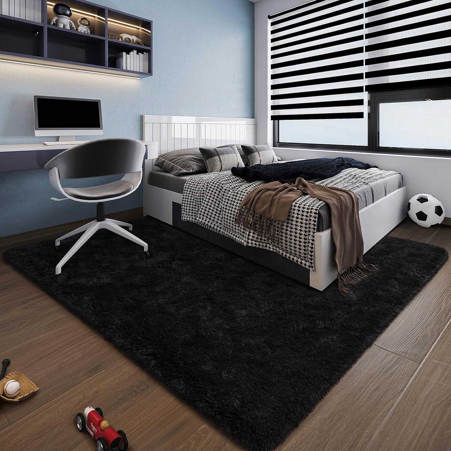 YJ.GWL Soft Fluffy Area Rugs for Bedroom Shaggy Living Room Rug Carpets for Bedroom Home Decor,4'x6',Black