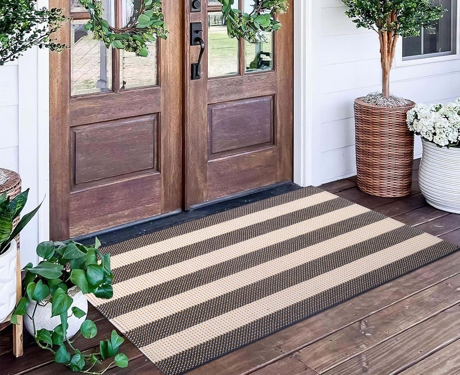 Black and White Striped Hand-Woven Outdoor Rug 24'' x 51''