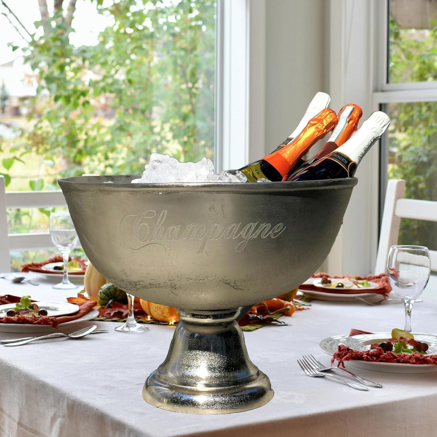 Luxury Champagne Ice Bucket, Elegant Script Text Details, Hand Cast, Silver Aluminum, 18.5 inches