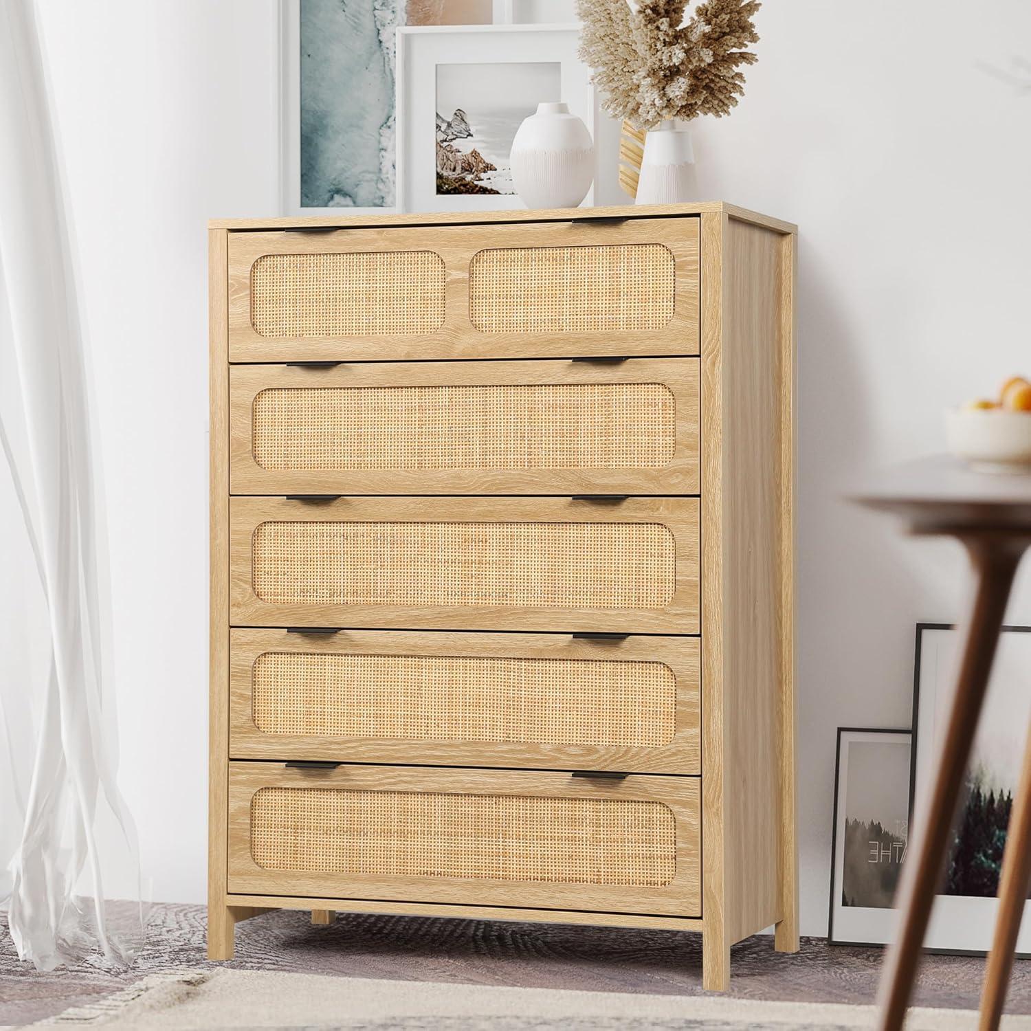 Natural Wood and Rattan 5-Drawer Storage Cabinet