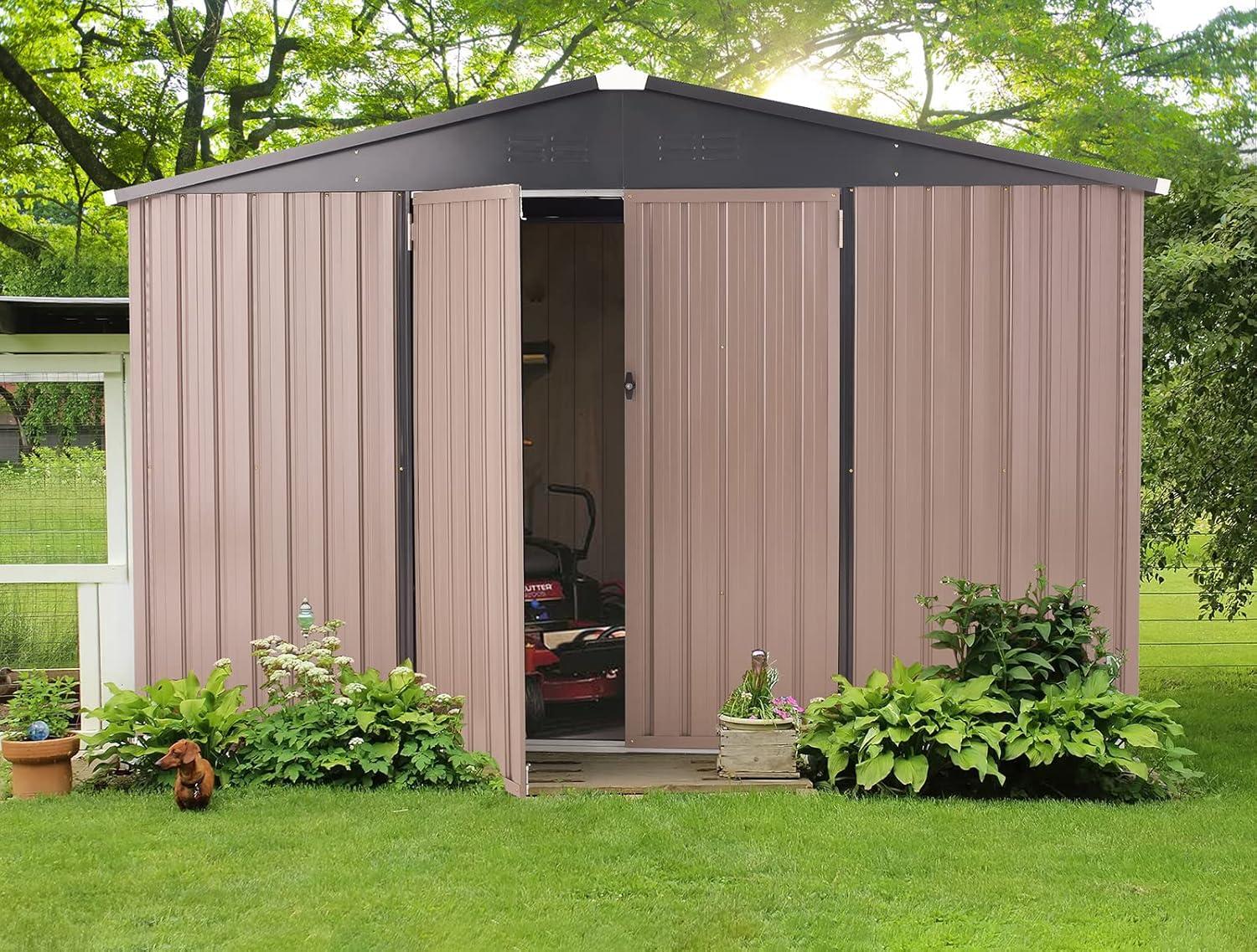 AECOJOY 8' x 10' Outdoor Storage Shed with Rack & Shelves Metal Utility Tool Shed with Lockable Door for Backyard & Garden on Clearance