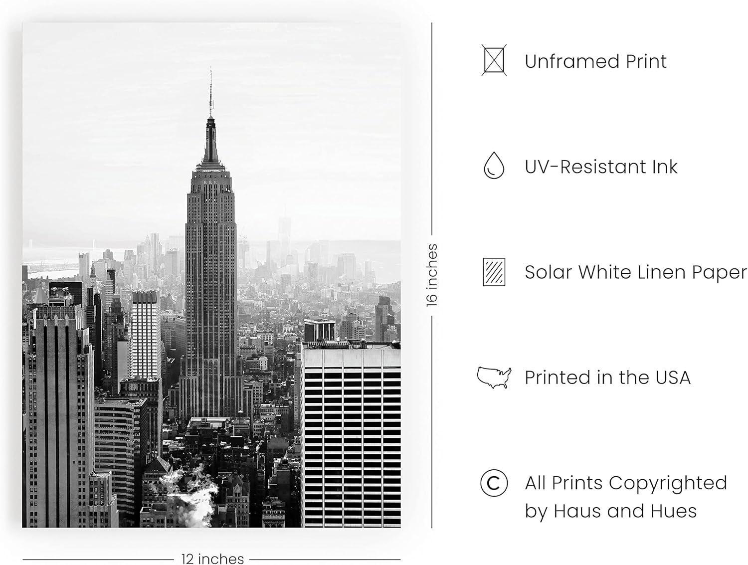 HAUS AND HUES New York Poster Gray Empire State NYC Wall Art New York City Wall Art NYC Skyline Wall Art Empire State Building Wall Art Black and White | UNFRAMED 12” x 16”