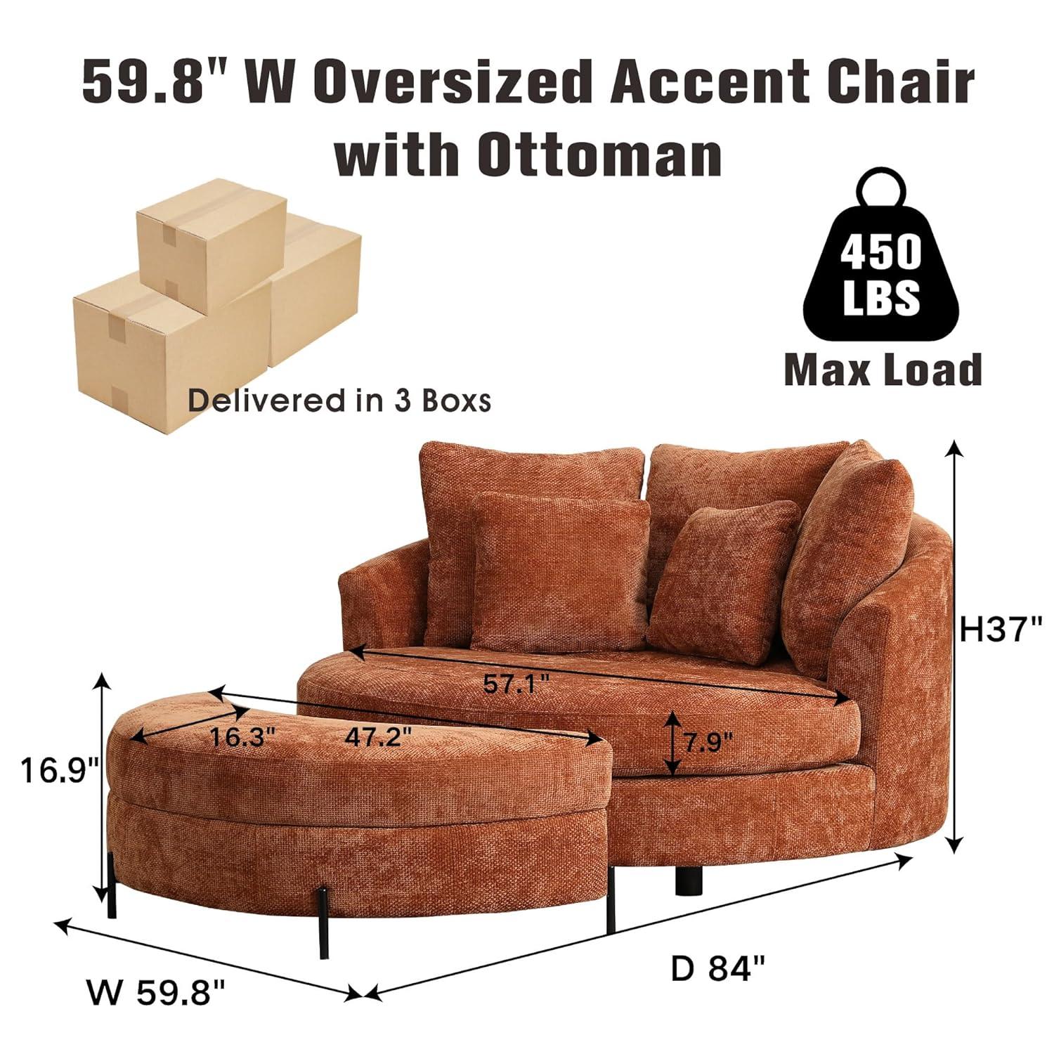 Sinzho & Wiyfun 59.8" W Upholstered Oversized Round Barrel Chair Extra Large Accent Chair with Half Moon Storage Ottoman & Wheels & 5 Pillows for Living Room, Knitted Chenille Fabric, Burnt Orange