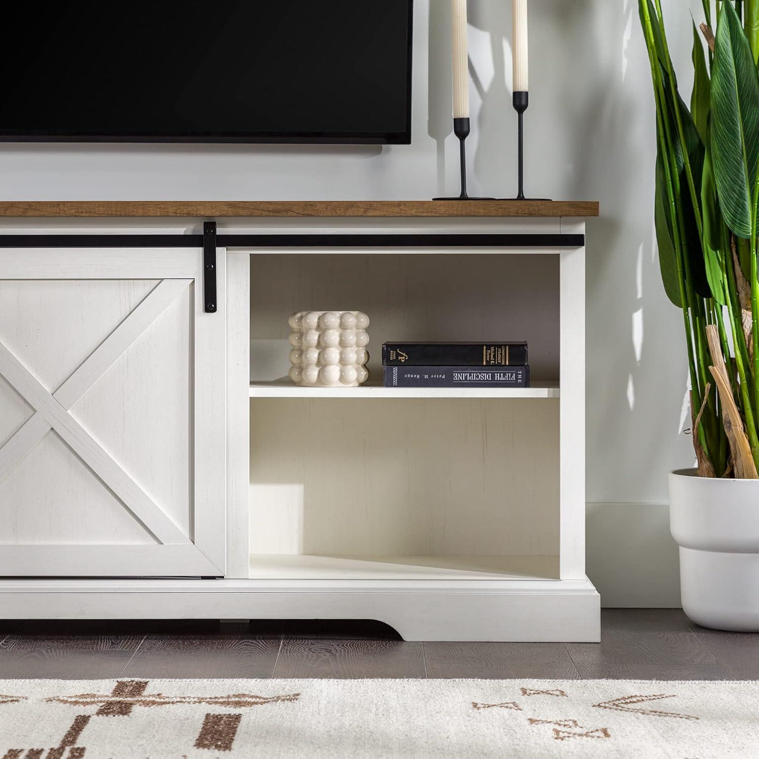 Walker Edison Sliding Barn Door 70" Farmhouse Wood TV Stand in White/Black