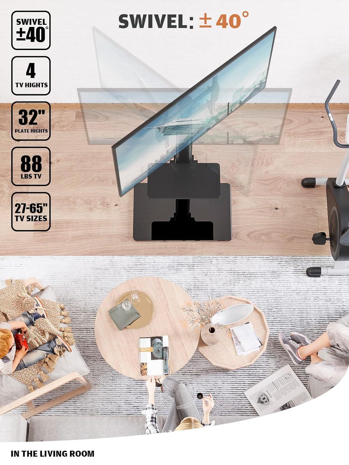 Hemudu Universal Floor TV Stand with Swivel Bracket and 2 Shelves, Black