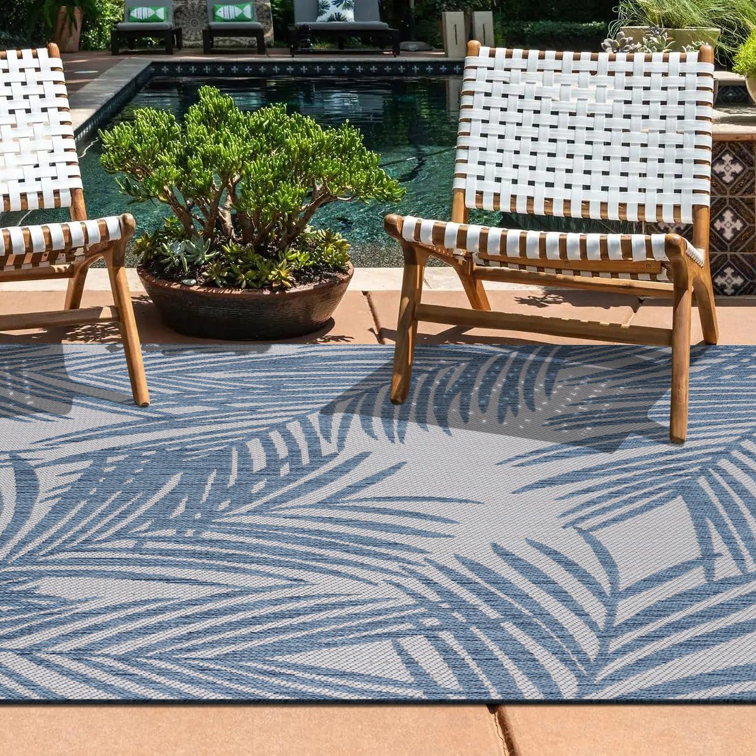 World Rug Gallery Contemporary Distressed Leaves Textured Flat Weave Indoor/Outdoor Area Rug - BLUE 5' X 7'