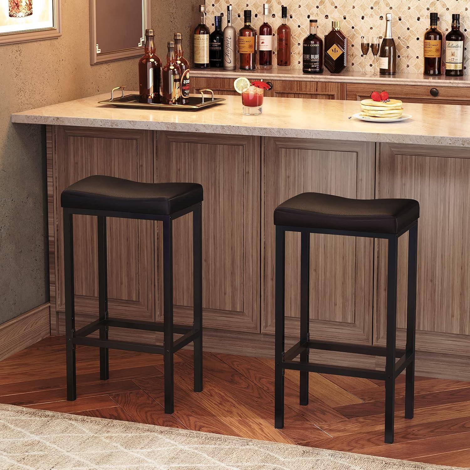 edx Bar Stools Set of 4, Modern Counter Height, 24 Inch Kitchen Barstools with Metal Base, PU Leather Saddle Seats for Kitchen Island, Black