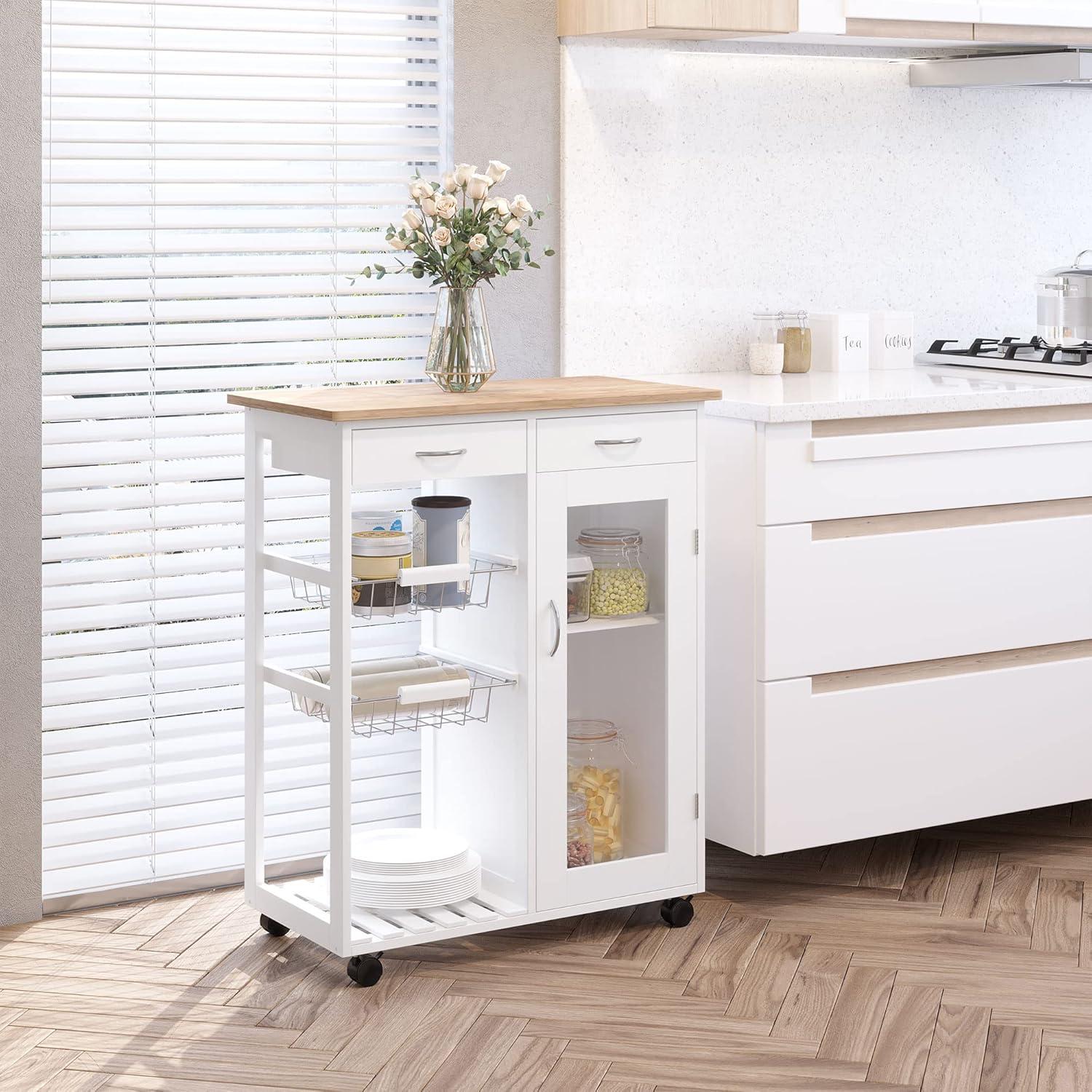 HOMCOM 28†Rolling Kitchen Trolley Serving Cart Storage Cabinet Bamboo Top with Wire Basket & Glass Door & Drawers - White