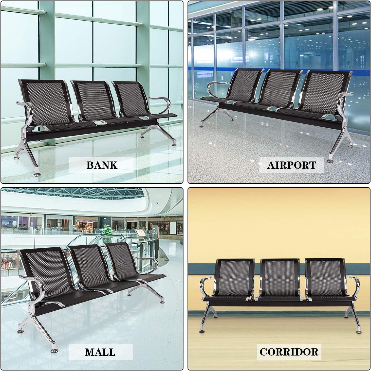 Kinbor Waiting Room Chairs, 3-Seat Reception Chairs Office Guest Waiting Furniture Bench Seating for Airport Bank Hospital, Black