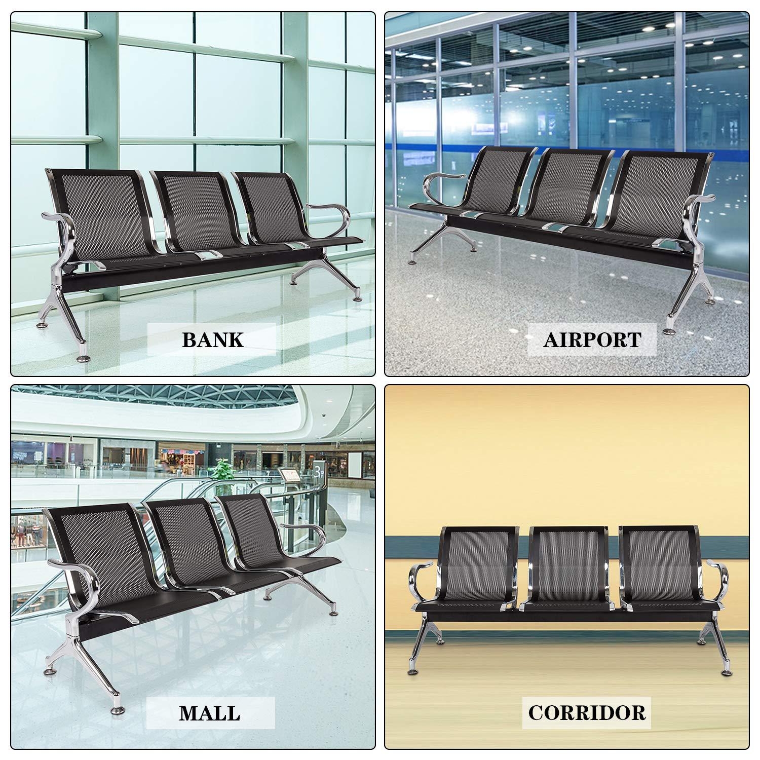 Kinbor Waiting Room Chairs, 3-Seat Reception Chairs Office Guest Waiting Furniture Bench Seating for Airport Bank Hospital, Black